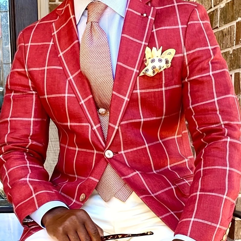 Men's Casual Windowpane Suit, Red & White Checkered Pattern Blazer, British Gentleman Grid Print Jacket, Lightweight Business Style