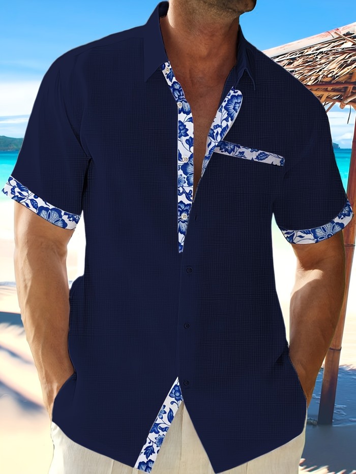 Men's Trendy Floral Edge Shirt, Casual Button Up Short Sleeve Lapel Shirt For Summer Outdoor
