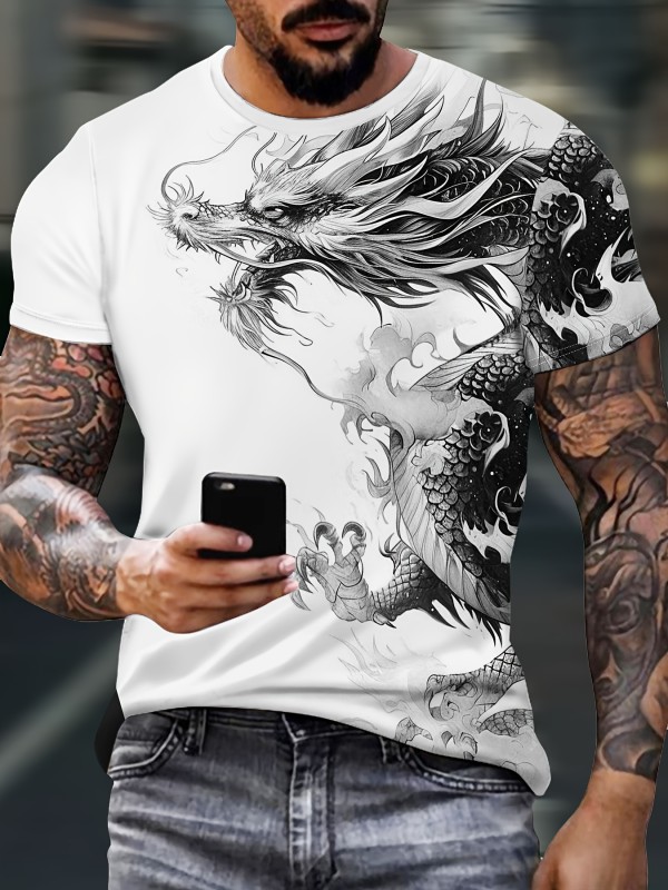 Men's Dragon Print T-Shirt, Casual Breathable Fabric Graphic Tee, Street Style Outdoor Fashion Short Sleeve Shirt