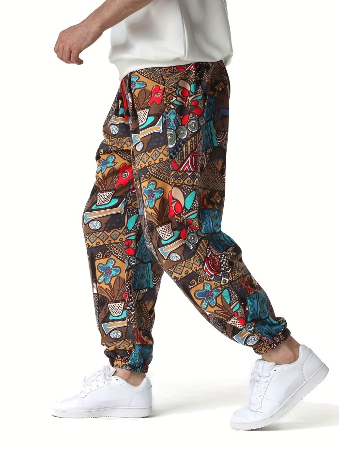 Creative Ethnic Pattern Print, Men's Drawstring With Pockets Sweatpants, Casual Cotton Blend Comfy Jogger Pants, Men's Clothing