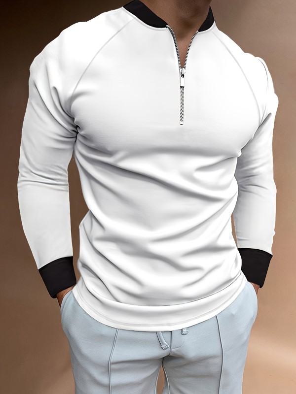 Men's Solid Color Slim Fit And Long Sleeve Sports Shirt With Zippered Henley Neck And Stand Collar, Casual And Trendy Tops For Men's Leisure Wear And Outdoors Activities
