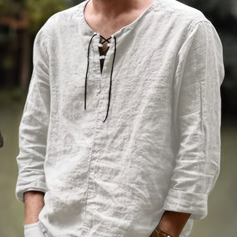 Men's Simple Style Casual Loose Solid Color Drawstring Long-sleeved Shirt Cotton Linen Stand Collar Top For Spring Autumn