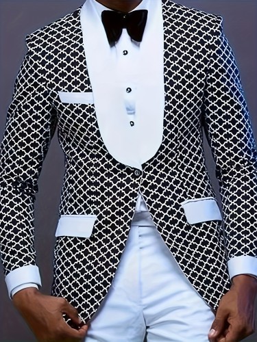 Men's Casual Blazer Jacket, Slim Fit Stylish Coat, Geometric Print Design Color Block Stripes Comfortable Loose Outerwear For Business And Leisure