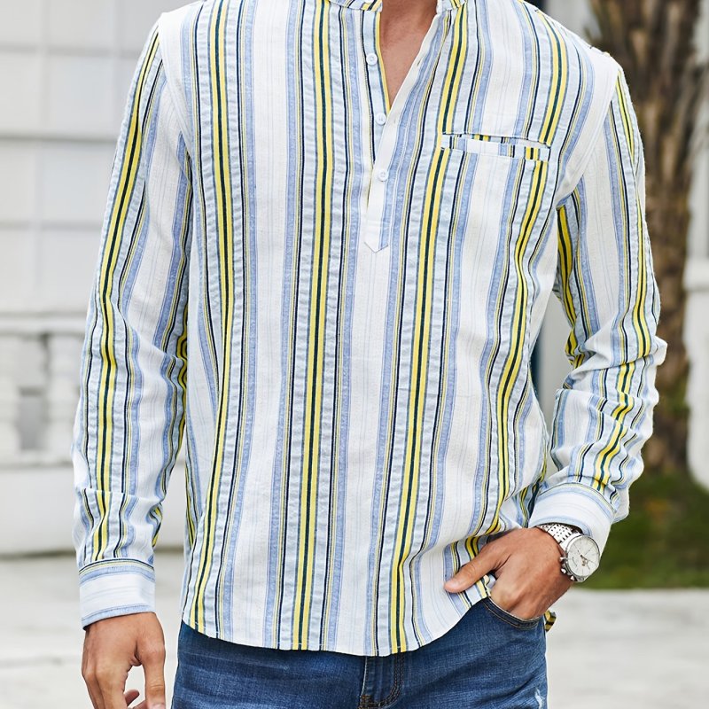 Men's Casual Cotton-Linen Striped Henley Collar Shirt With Button-up Design & Cuffed Sleeves