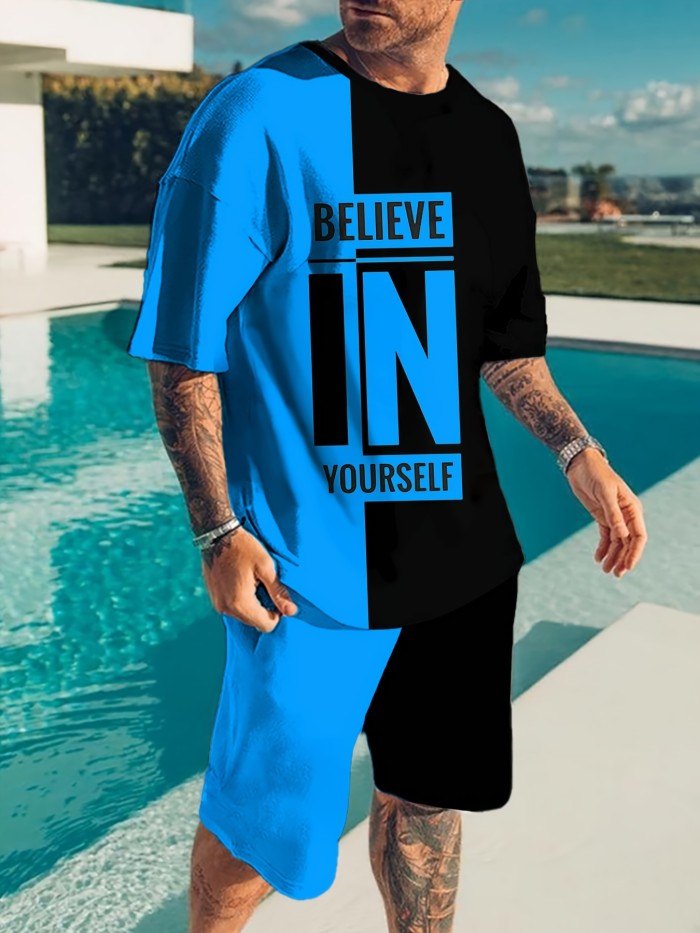 Believe In Yourself Print, Men's 2Pcs Outfits, Casual Crew Neck Short Sleeve T-shirt And Drawstring Shorts Set For Summer, Men's Clothing