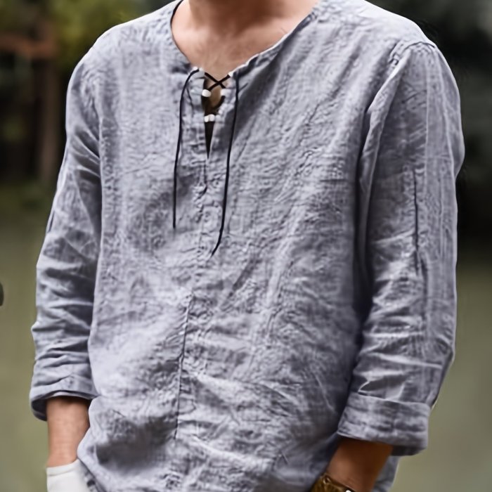 Men's Simple Style Casual Loose Solid Color Drawstring Long-sleeved Shirt Cotton Linen Stand Collar Top For Spring Autumn