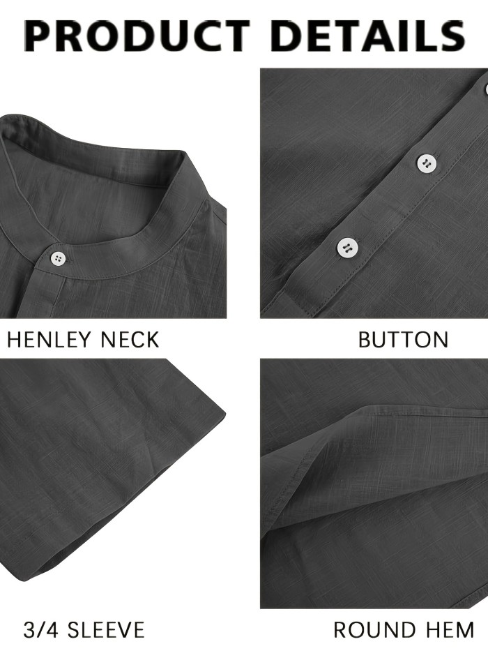 Mens Linen Shirts Henley 3\u002F4 Sleeve Casual Cotton T-Shirt Regular-Fit Lightweight Beach Yoga Tunic Tops