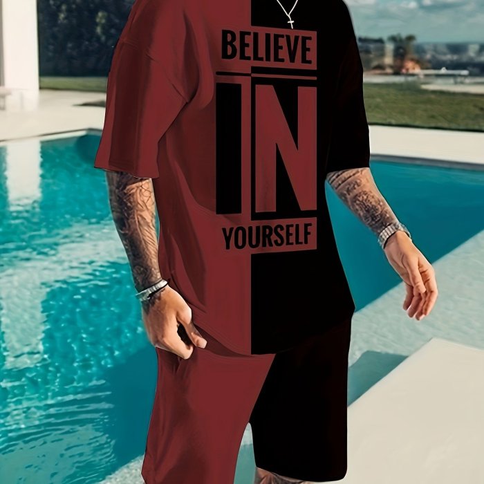 Believe In Yourself Print, Men's 2Pcs Outfits, Casual Crew Neck Short Sleeve T-shirt And Drawstring Shorts Set For Summer, Men's Clothing