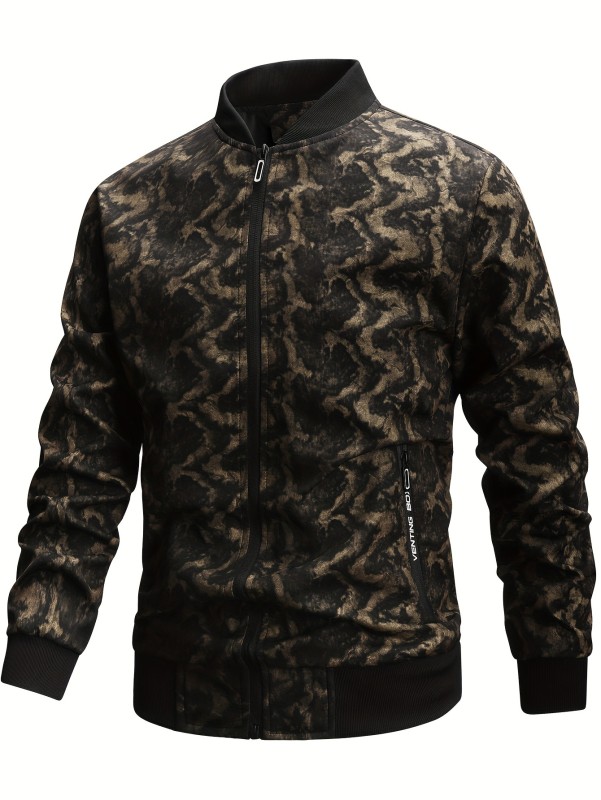 Men's Loose Geometric Graphic Print Jacket With Zipper Pockets, Casual Stand Collar Zip Up Long Sleeve Outwear For Outdoor