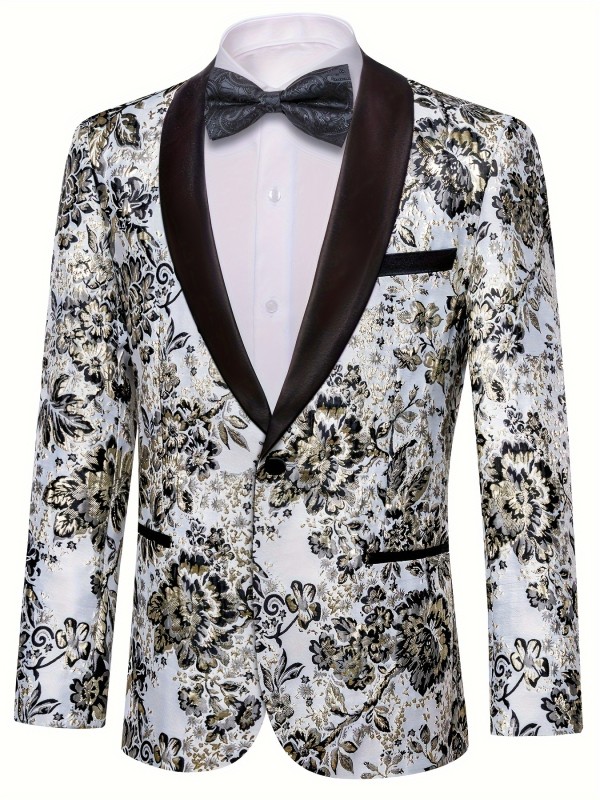 Men's Plus Size Flower Print Suit Jacket For Wedding Dinner Formal Occasion Dress Collocation, Elegant Gentleman Blazer