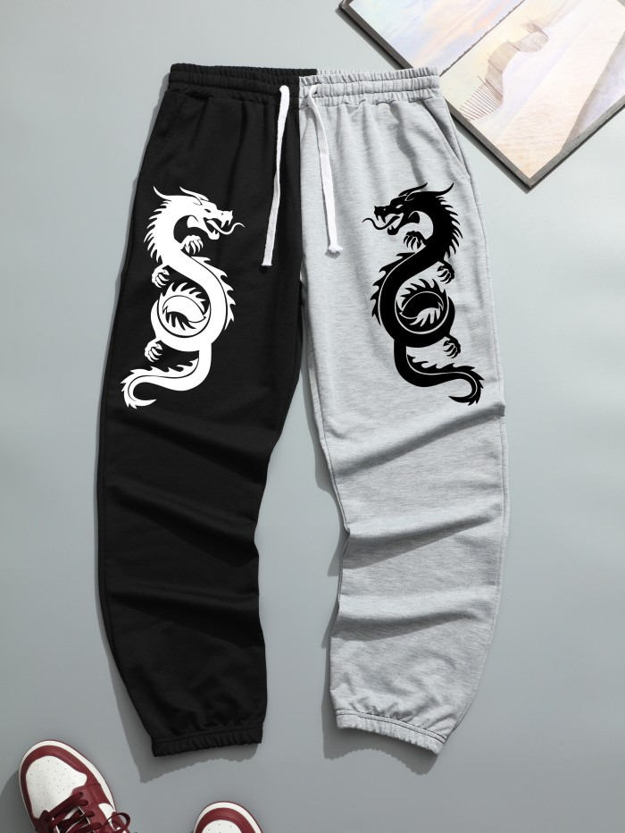 Dragons Print, Men's Two Color Splicing Drawstring Sweatpants, Pocket Breathable Casual Jogger Pants, Mens Clothing