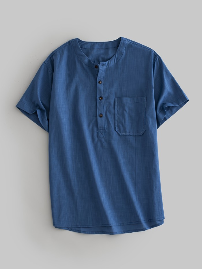 Men's Linen Henley Shirt Short Sleeve Casual Summer Beach Plain Button Up