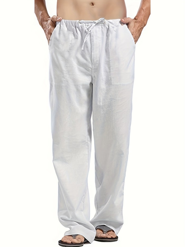 Men's Cotton & Linen Blend Long Pants, Loose Elastic Waist Large Pocket Trousers