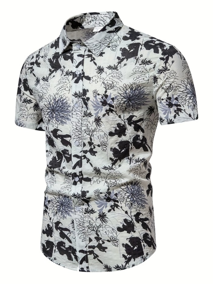 Men's Casual Slim Short Sleeve Shirts With Flower For Summer