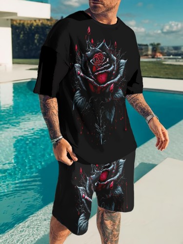 2-piece Men's Flowers Pattern Print Summer Outfit Set, Men's Short Sleeve Crew Neck T-shirt & Drawstring Shorts With Pockets