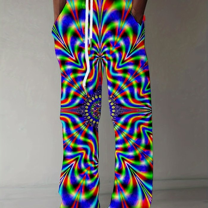 Men's Drawstring Wide Leg Pants Beach Pant Optical Illusion Pattern Casual Baggy Pants Yoga Trousers Streetwear Hiphop Rapper Style
