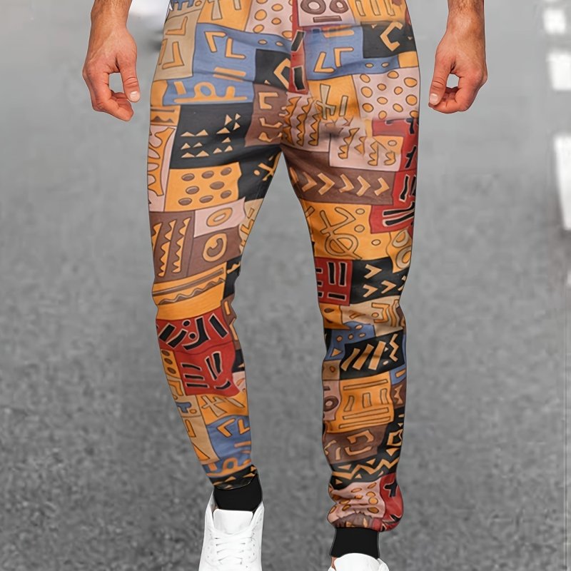 Color Block Ethnic Print Drawstring Sweatpants Loose Fit Pants Men's Casual Joggers For Men Spring Fall Running Jogging