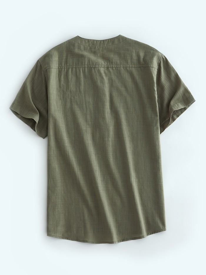 Men's Linen Henley Shirt Short Sleeve Casual Summer Beach Plain Button Up