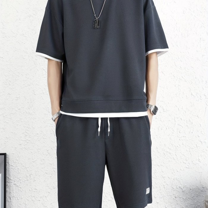 Men's Casual 2pcs Set, Chic Solid Color T-Shirt + Active Shorts Matching Set For Beach Resort Sports