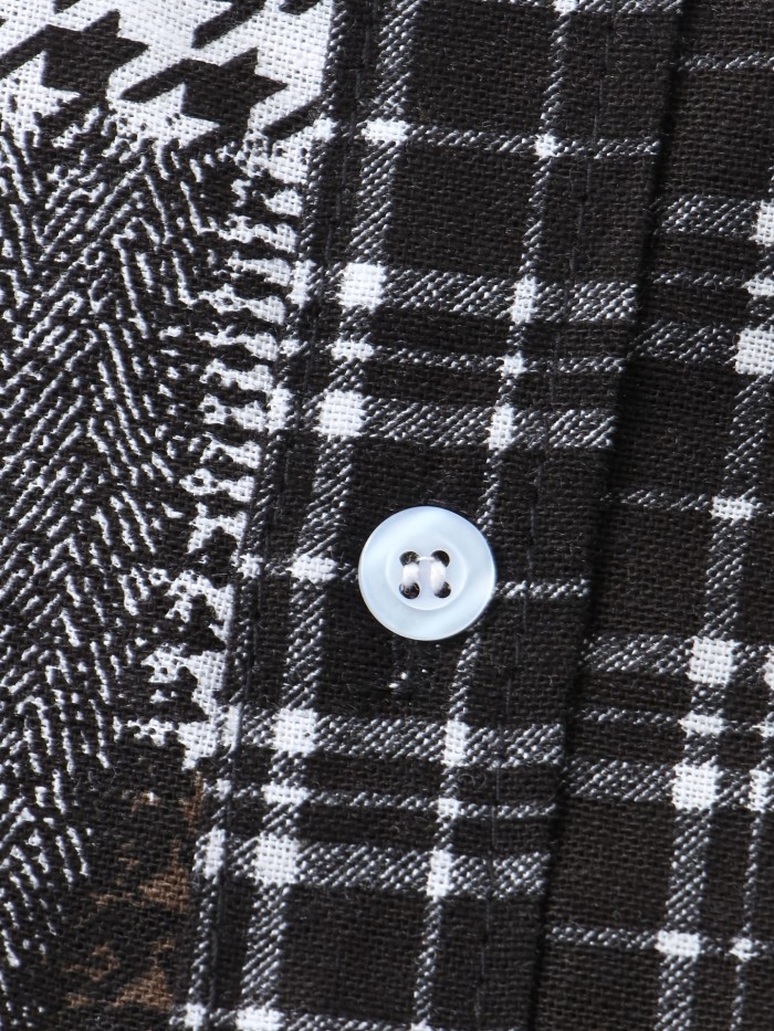 Men's Check Panel Contrast Color Casual Linen Short Sleeve Shirt Best Sellers
