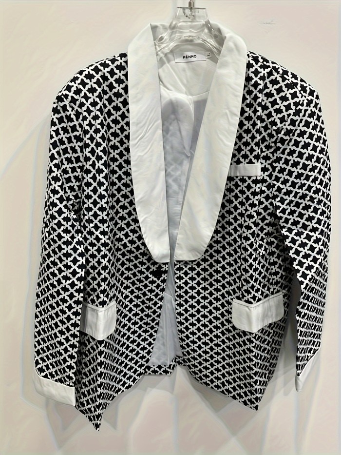 Men's Casual Blazer Jacket, Slim Fit Stylish Coat, Geometric Print Design Color Block Stripes Comfortable Loose Outerwear For Business And Leisure