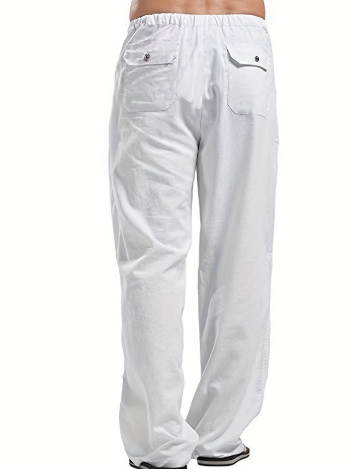Men's Cotton & Linen Blend Long Pants, Loose Elastic Waist Large Pocket Trousers