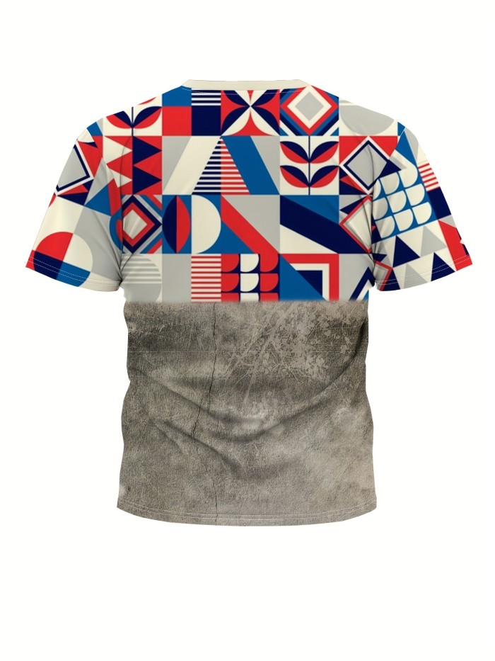 Men's Colorful Geometric Pattern Print T-Shirt, Casual Breathable Fabric Graphic Tee, Street Style Outdoor Fashion Short Sleeve Shirt