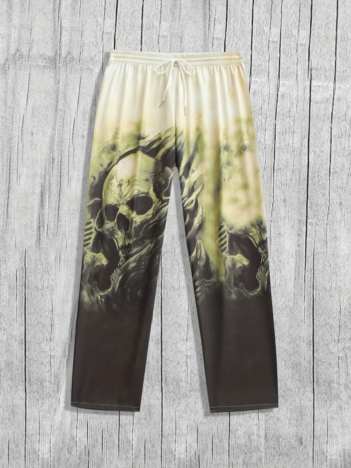 Men's Drawstring Wide Leg Pants Beach Pant Skull Pattern Casual Baggy Pants Yoga Trousers Streetwear Hiphop Rapper Style