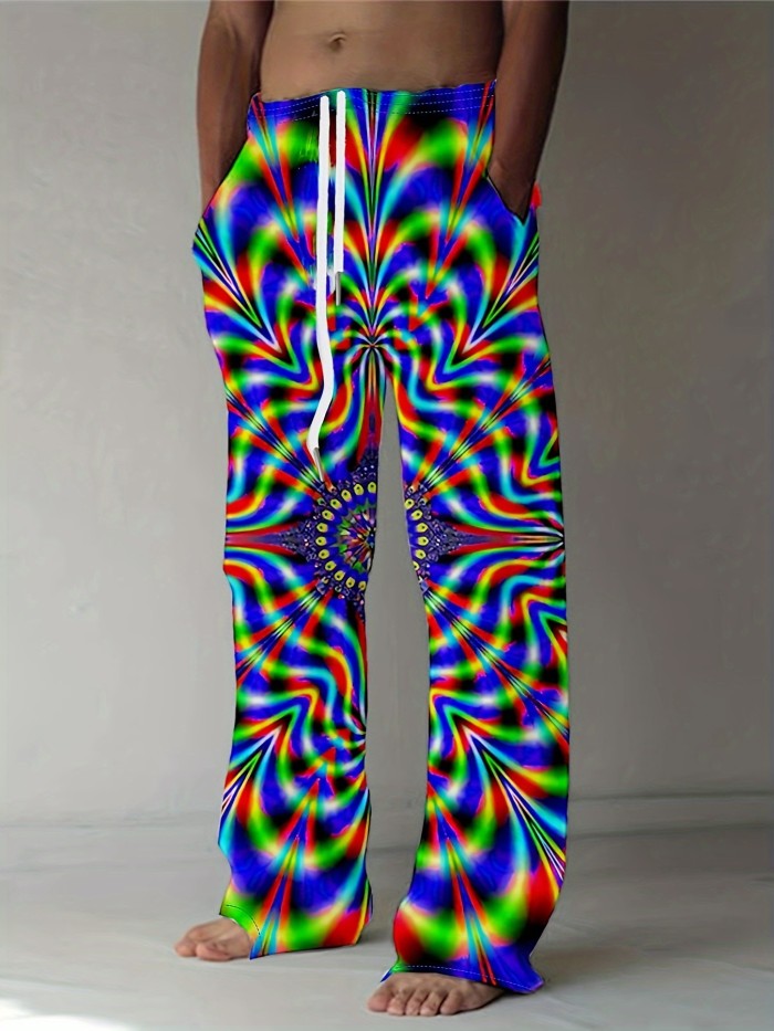 Men's Drawstring Wide Leg Pants Beach Pant Optical Illusion Pattern Casual Baggy Pants Yoga Trousers Streetwear Hiphop Rapper Style