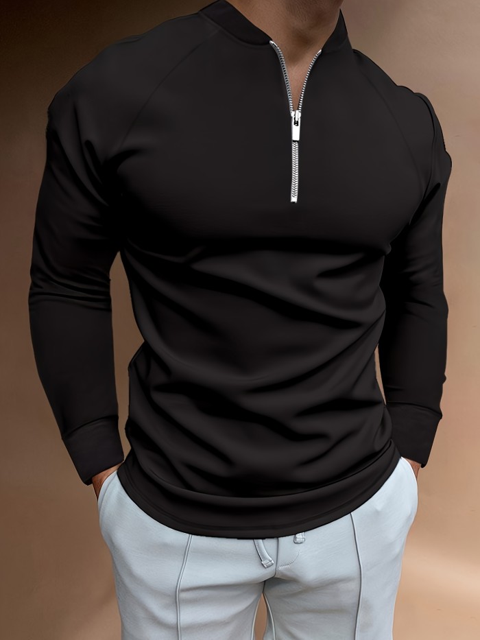 Men's Solid Color Slim Fit And Long Sleeve Sports Shirt With Zippered Henley Neck And Stand Collar, Casual And Trendy Tops For Men's Leisure Wear And Outdoors Activities