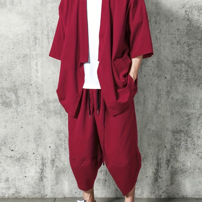 Men's 2Pcs Oriental Ethnic Outfit, Solid Casual Kimono Cardigan & Loose Harem Pants Set, Costume Suit Set, Traditional Clothing For Men