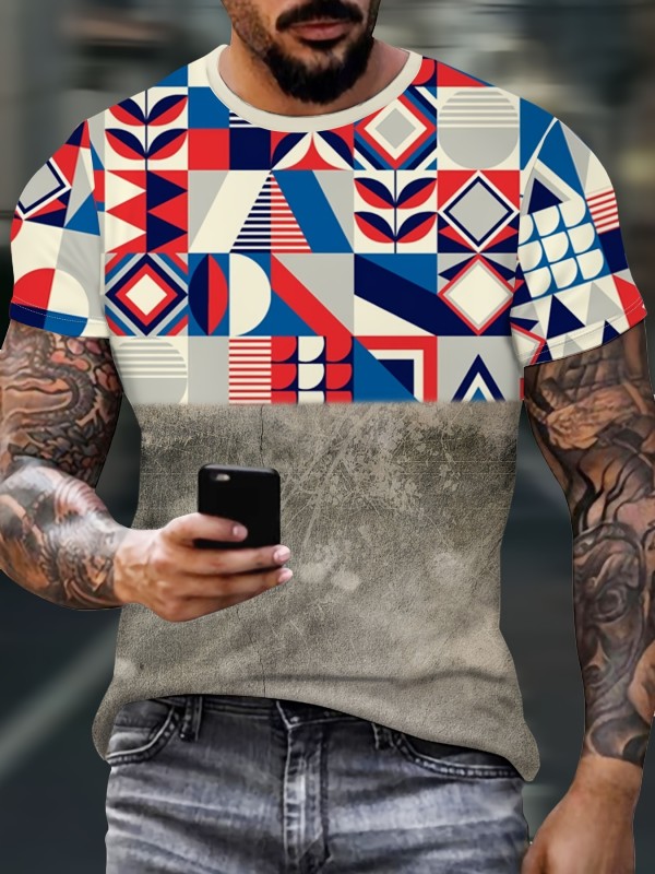 Men's Colorful Geometric Pattern Print T-Shirt, Casual Breathable Fabric Graphic Tee, Street Style Outdoor Fashion Short Sleeve Shirt