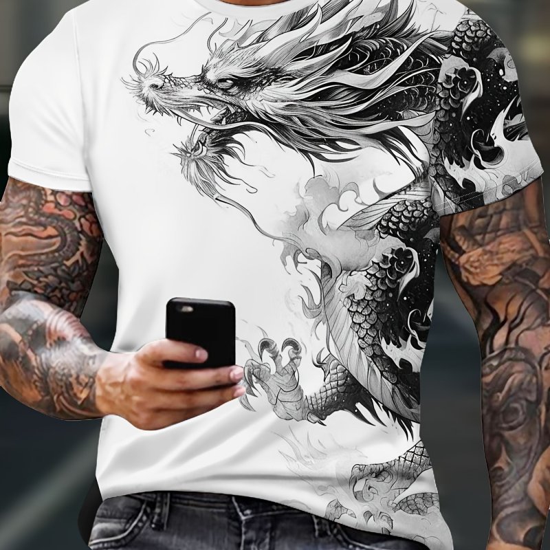 Men's Dragon Print T-Shirt, Casual Breathable Fabric Graphic Tee, Street Style Outdoor Fashion Short Sleeve Shirt