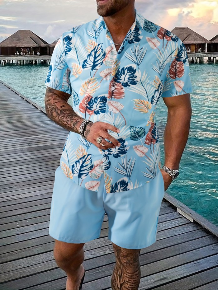 Men's 2-Piece Set, Tropical Leaf Print, Casual Short Sleeve Shirt with Matching Shorts, Spring\u002FSummer Outfit, Light Blue, Leisure Wear