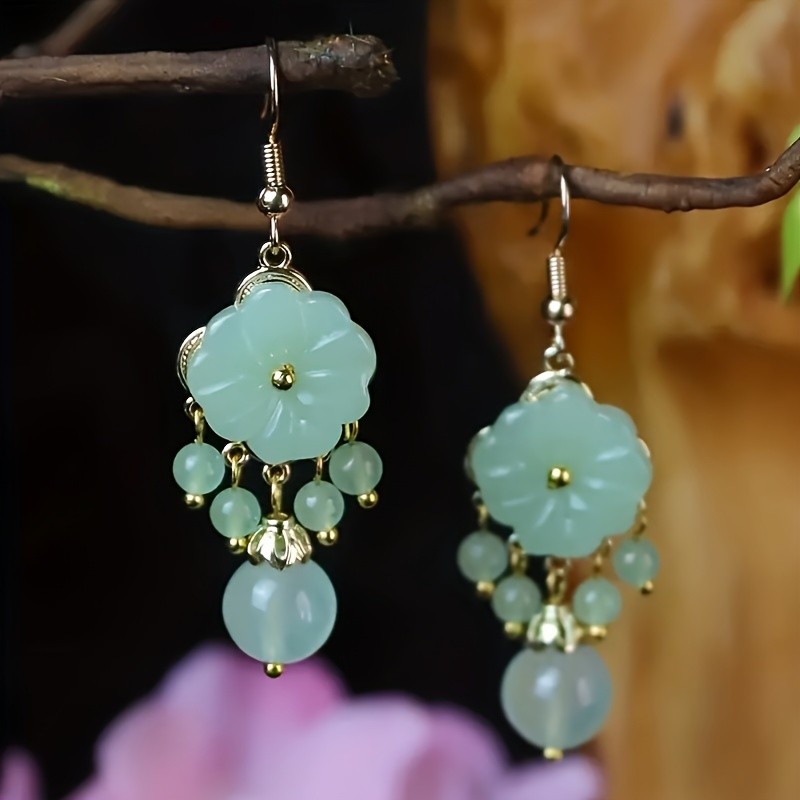 Jade Drop Earrings Beautiful Flower Design Inlaid Natural Jade Match Daily Outfits Party Accessories High Quality Jewelry