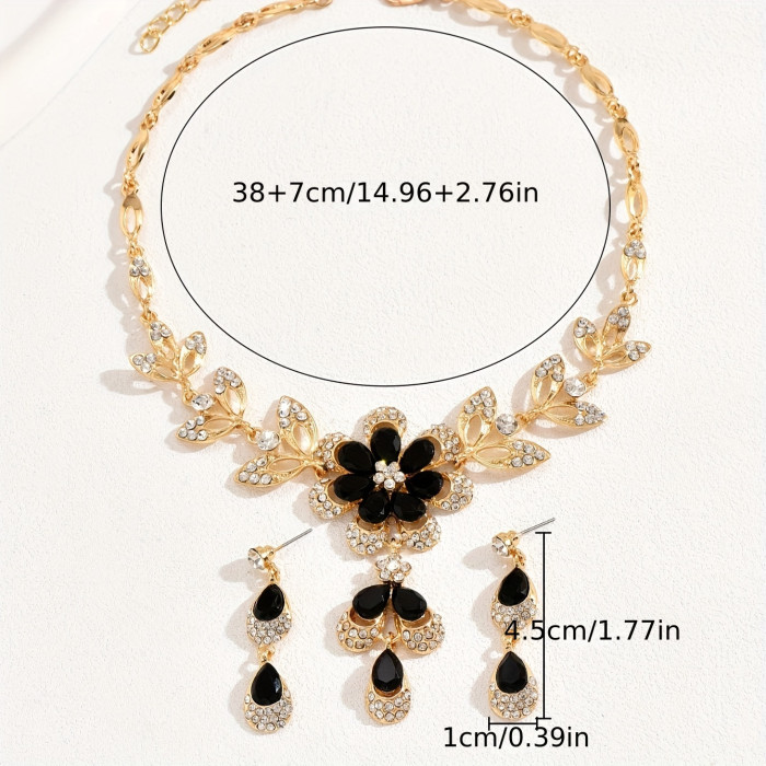1 Pair Dangle Earrings +1 Pc Necklace With Pretty Flower Design Copper 14K Plated Jewelry Set Zircon Inlaid For Women Vocation Jewelry