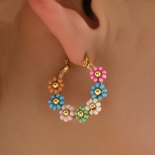 1 Pair Bohemian Style Stainless Steel Earrings, Beaded Flower Decor Hoop Earrings, Fashion Trendy Versatile Earrings, Anniversary Gift Christmas Birthday Gift