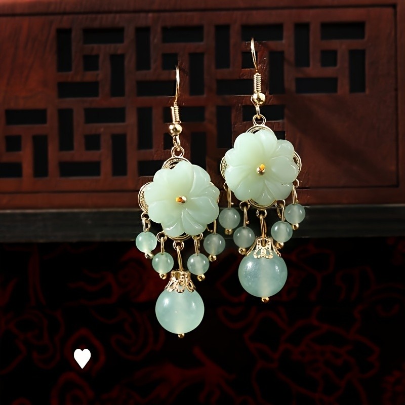Jade Drop Earrings Beautiful Flower Design Inlaid Natural Jade Match Daily Outfits Party Accessories High Quality Jewelry