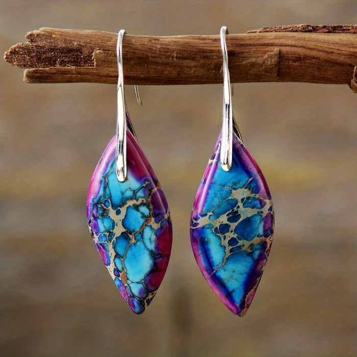 Bohemian Natural Imperial Stone Leaf Dangle Earrings For Women Jewelry Gift