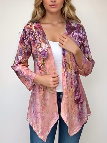Plus Size Casual Cardigan, Women's Plus Floral Print Long Sleeve Open Front Asymmetrical Hem Cardigan