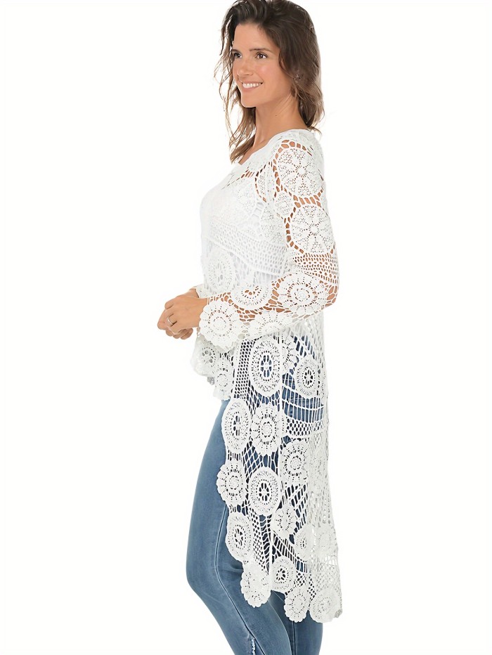 Floral Pattern Hollow Out Boho Cover Up, Long Sleeve Round Neck Elegant High Low Beach Cover Up Top, Women's Swimwear & Clothing For Holiday