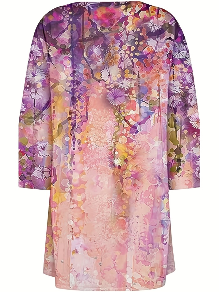 Plus Size Casual Cardigan, Women's Plus Floral Print Long Sleeve Open Front Asymmetrical Hem Cardigan
