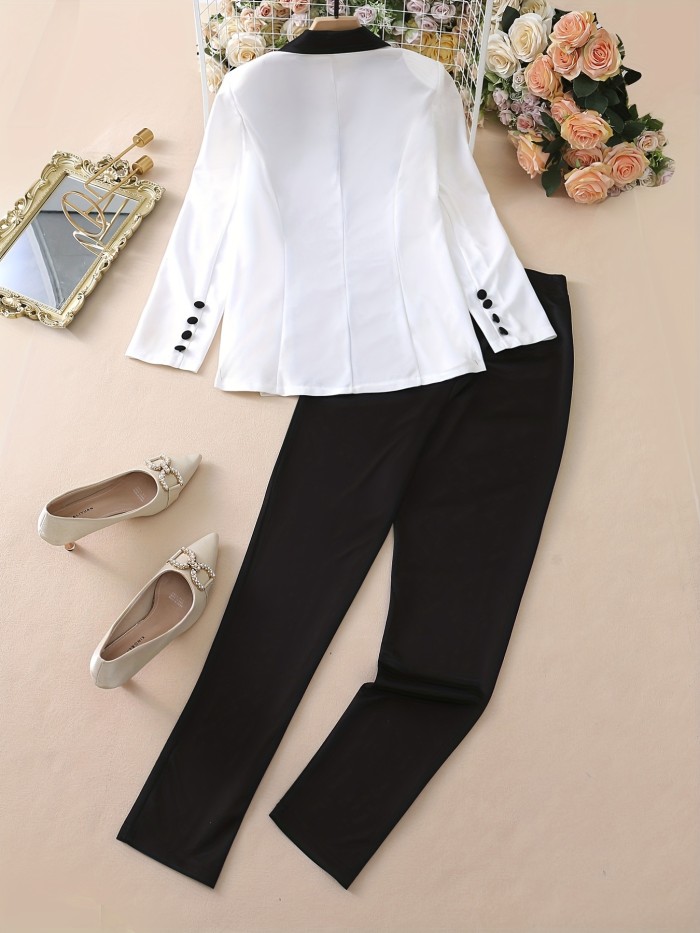 Color Block Two-piece Set, Casual Button Front Blazer & Straight Leg Pants Outfits, Women's Clothing