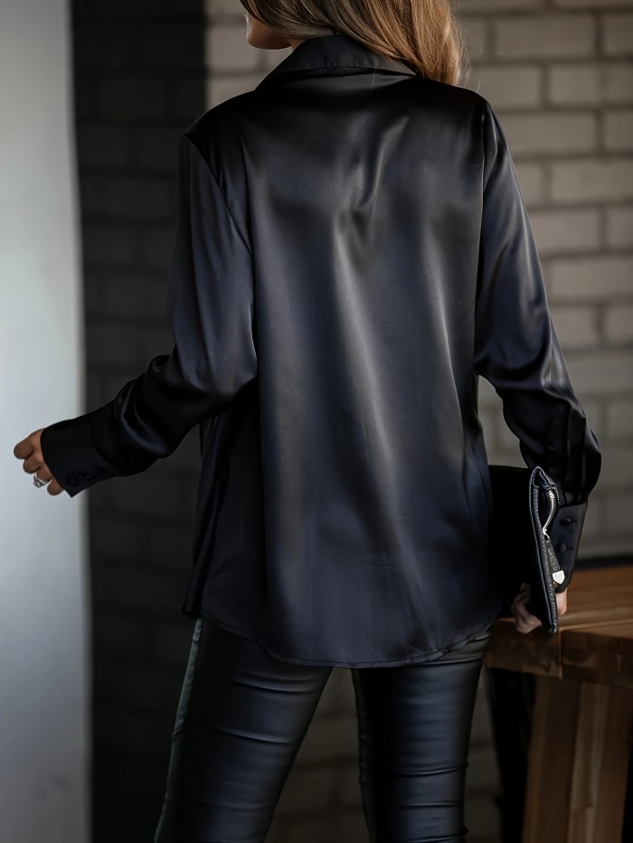 Plus Size Solid Satin Top, Casual V Neck Long Sleeve Top, Women's Plus Size Clothing