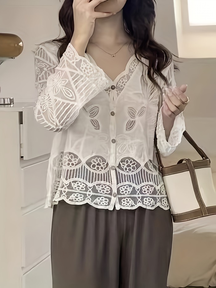 Floral Pattern Scallop Trim Blouse, Sweet V-neck Long Sleeve Button Front Blouse For Spring & Fall, Women's Clothing