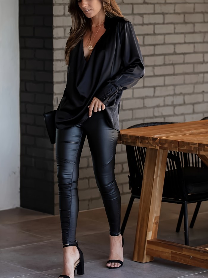 Plus Size Solid Satin Top, Casual V Neck Long Sleeve Top, Women's Plus Size Clothing