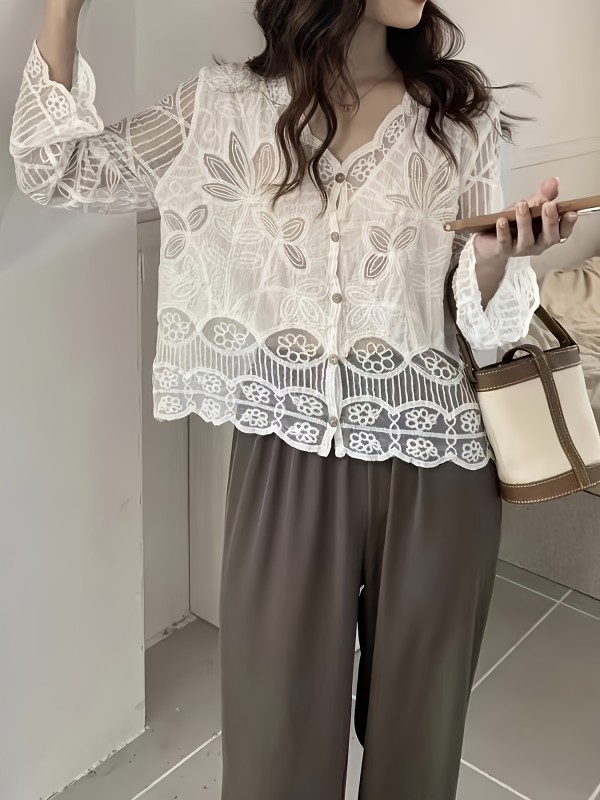 Floral Pattern Scallop Trim Blouse, Sweet V-neck Long Sleeve Button Front Blouse For Spring & Fall, Women's Clothing