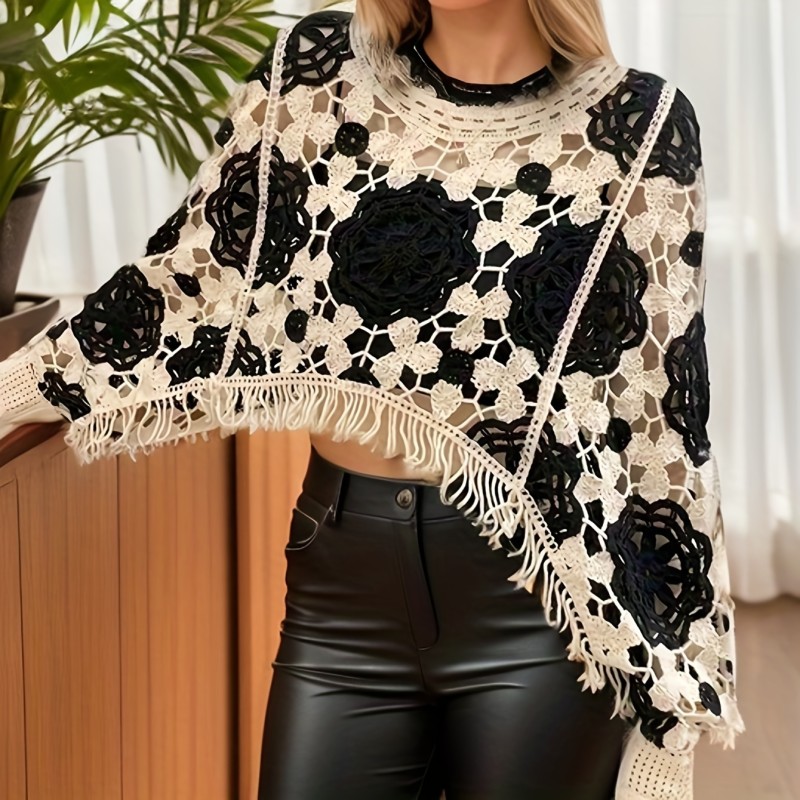 Black White Crochet Flower Shawl, Elegant Hollow Out Knitted Shawl With Long Sleeves, Loose Pullover Tassel Shawl For Women Travel Vacation