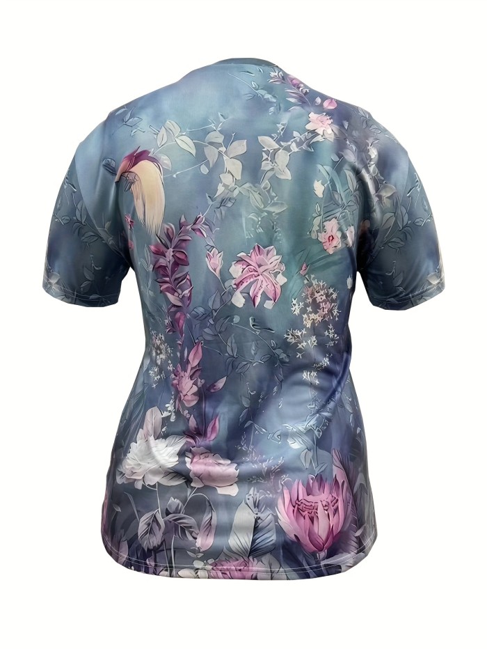 Plus Size Floral Print T-shirt, Casual Short Sleeve Crew Neck Top For Spring & Summer, Women's Plus Size Clothing