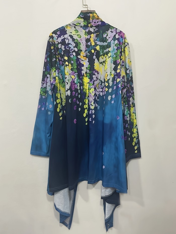 Plus Size Casual Cardigan, Women's Plus Floral Print Long Sleeve Open Front Asymmetric Hem Cardigan